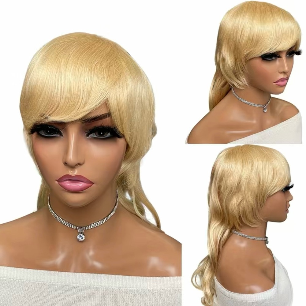 Honey Blonde Human Hair Body Wave Dovetail Mullet GluelessWig With Bangs in 20”